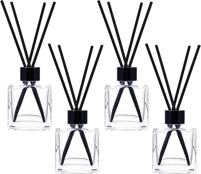 frangrance Glass Diffuser Bottles Diffuser Jars with Black Color caps and Reed Sticks Set of 4 pcs 150ml Fragrance