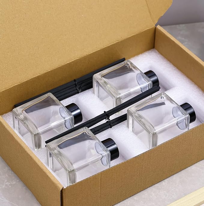 frangrance Glass Diffuser Bottles Diffuser Jars with Black Color caps and Reed Sticks Set of 4 pcs 150ml Fragrance