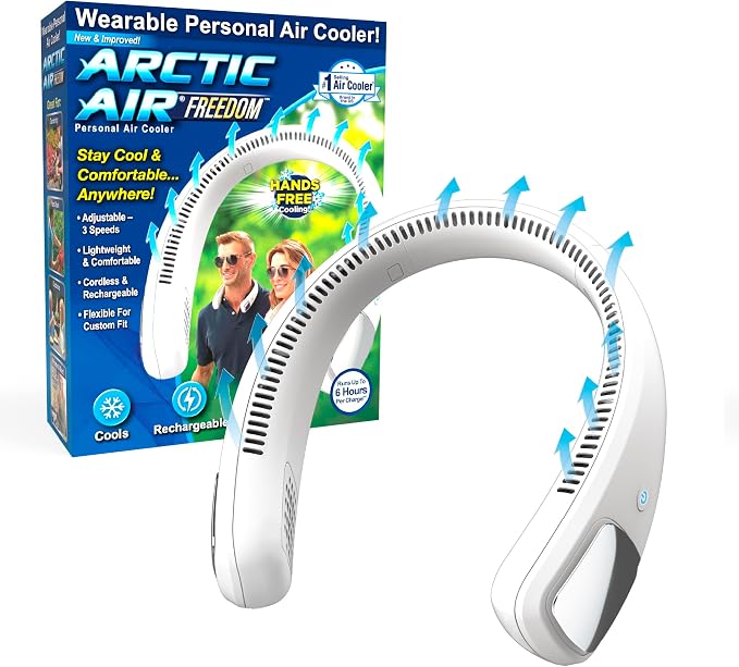 Freedom Personal Air Cooler - Portable 3-Speed Neck Fan, Hands-Free Wearable Design, Lightweight, Cordless And Rechargeable