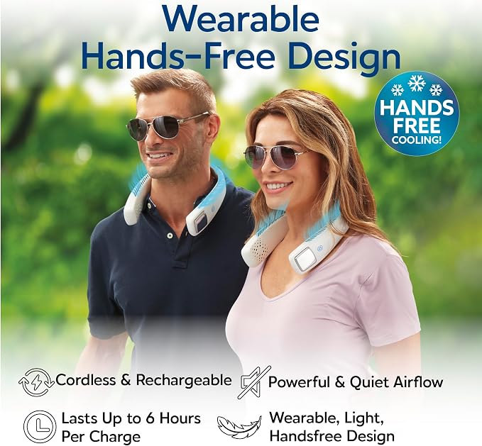 Freedom Personal Air Cooler - Portable 3-Speed Neck Fan, Hands-Free Wearable Design, Lightweight, Cordless And Rechargeable