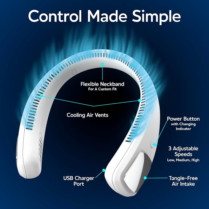 Freedom Personal Air Cooler - Portable 3-Speed Neck Fan, Hands-Free Wearable Design, Lightweight, Cordless And Rechargeable
