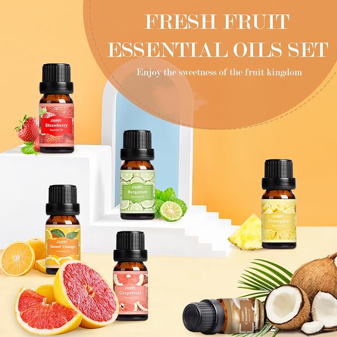 Fresh Fruit Fragrance Oils Set, Essential Oils for Diffuser, Candle, Soap Making - Strawberry, Sweet Orange, Pineapple