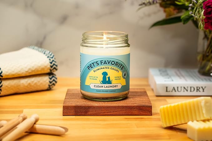 Fresh Laundry Pet Odor Candle, Clean Burning, Long Lasting Plant Based Soy Candles with a Natural Fiber Wick and 70 Hour Burn