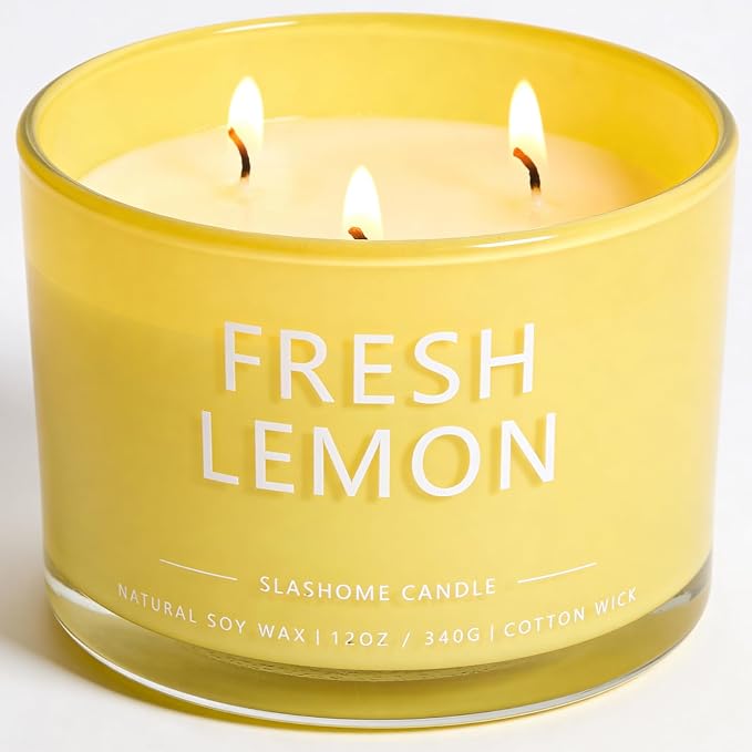Fresh Lemon Scented Candle, Luxury Large 3 Wick Soy Candle 12 Oz, 60+ Hour Long Lasting Clean Burn, Elegant Aromatherapy Home