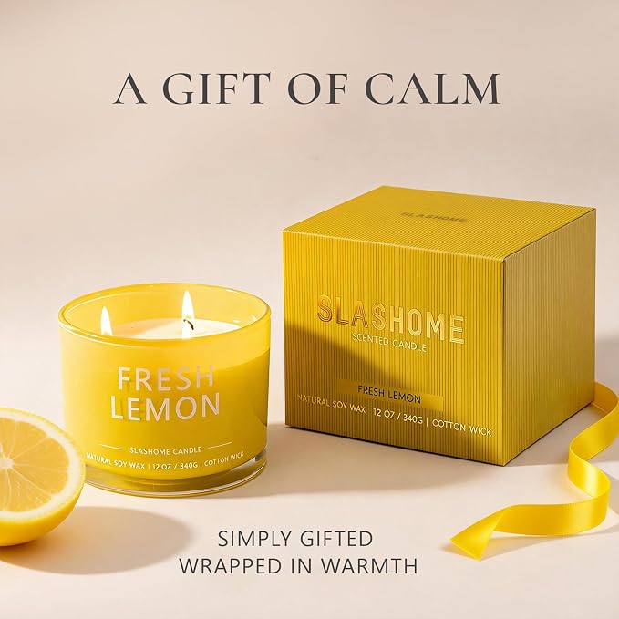 Fresh Lemon Scented Candle, Luxury Large 3 Wick Soy Candle 12 Oz, 60+ Hour Long Lasting Clean Burn, Elegant Aromatherapy Home