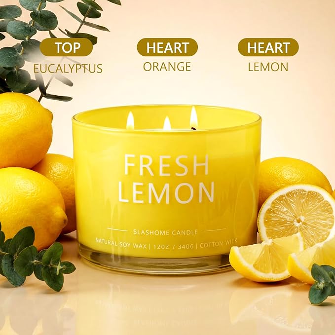 Fresh Lemon Scented Candle, Luxury Large 3 Wick Soy Candle 12 Oz, 60+ Hour Long Lasting Clean Burn, Elegant Aromatherapy Home