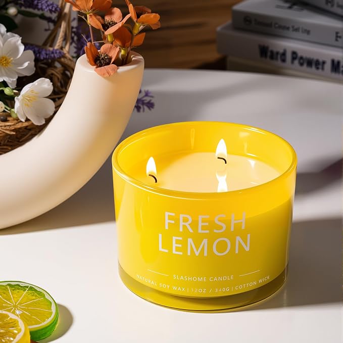 Fresh Lemon Scented Candle, Luxury Large 3 Wick Soy Candle 12 Oz, 60+ Hour Long Lasting Clean Burn, Elegant Aromatherapy Home