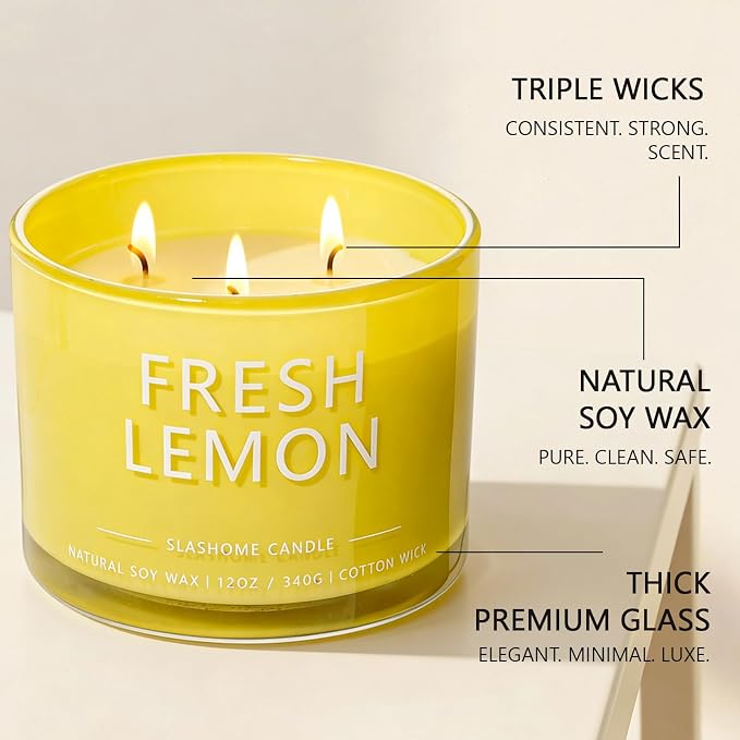 Fresh Lemon Scented Candle, Luxury Large 3 Wick Soy Candle 12 Oz, 60+ Hour Long Lasting Clean Burn, Elegant Aromatherapy Home