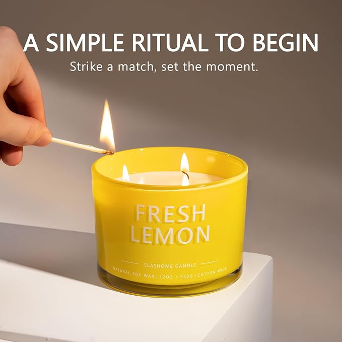 Fresh Lemon Scented Candle, Luxury Large 3 Wick Soy Candle 12 Oz, 60+ Hour Long Lasting Clean Burn, Elegant Aromatherapy Home