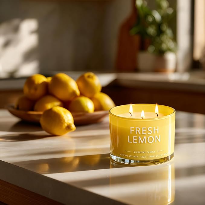 Fresh Lemon Scented Candle, Luxury Large 3 Wick Soy Candle 12 Oz, 60+ Hour Long Lasting Clean Burn, Elegant Aromatherapy Home