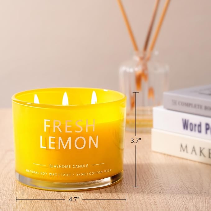 Fresh Lemon Scented Candle, Luxury Large 3 Wick Soy Candle 12 Oz, 60+ Hour Long Lasting Clean Burn, Elegant Aromatherapy Home