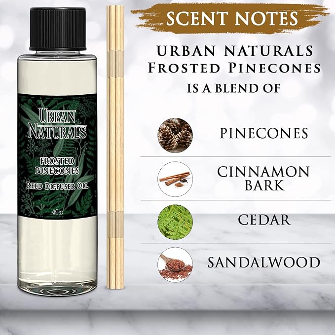 Frosted Pinecones Holiday Oil Reed Diffuser Refill with Free Set of Reed Sticks – Pine, Cinnamon, Clove, Cedar Wood