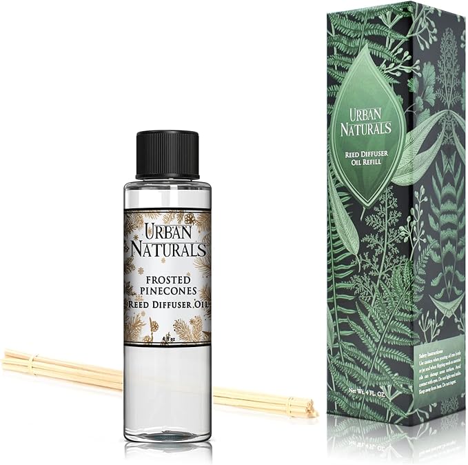 Frosted Pinecones Holiday Oil Reed Diffuser Refill with Free Set of Reed Sticks – Pine, Cinnamon, Clove, Cedar Wood