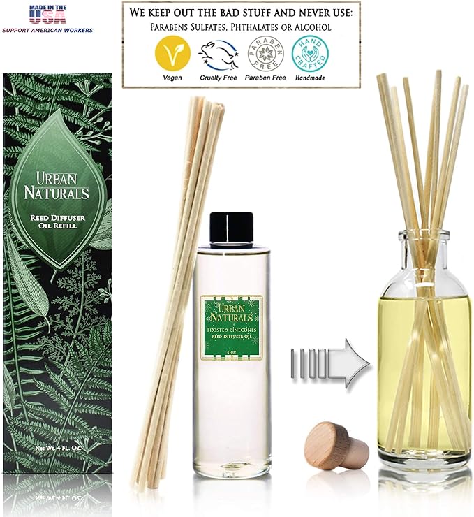 Frosted Pinecones Holiday Oil Reed Diffuser Refill with Free Set of Reed Sticks – Pine, Cinnamon, Clove, Cedar Wood