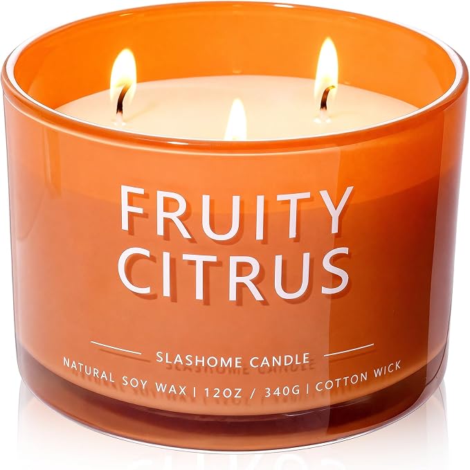 Fruity Citrus Scented Candle, Luxury Large 3 Wick Soy Candle 12 Oz, 60+ Hour Long Lasting Clean Burn, Elegant Aromatherapy