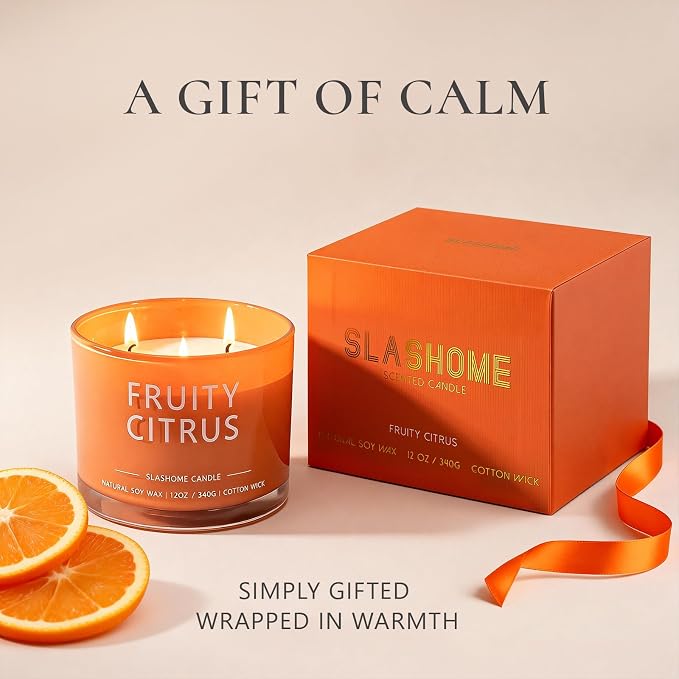 Fruity Citrus Scented Candle, Luxury Large 3 Wick Soy Candle 12 Oz, 60+ Hour Long Lasting Clean Burn, Elegant Aromatherapy