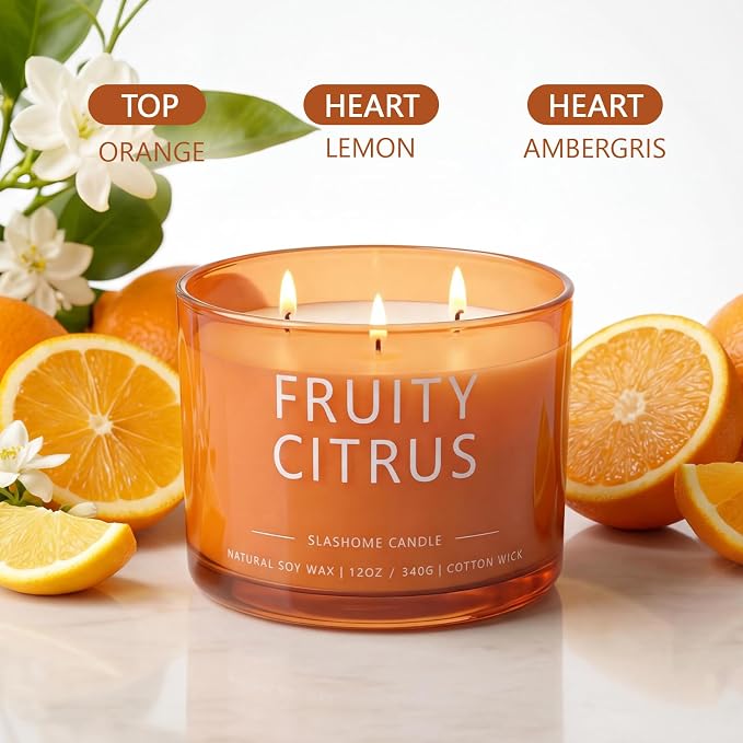 Fruity Citrus Scented Candle, Luxury Large 3 Wick Soy Candle 12 Oz, 60+ Hour Long Lasting Clean Burn, Elegant Aromatherapy