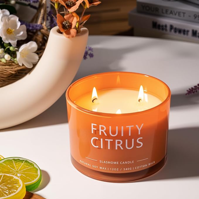 Fruity Citrus Scented Candle, Luxury Large 3 Wick Soy Candle 12 Oz, 60+ Hour Long Lasting Clean Burn, Elegant Aromatherapy