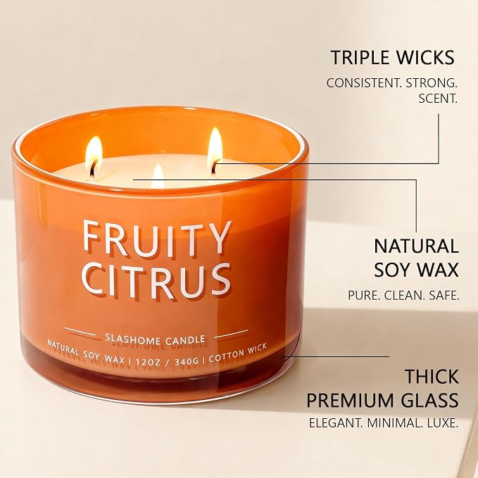 Fruity Citrus Scented Candle, Luxury Large 3 Wick Soy Candle 12 Oz, 60+ Hour Long Lasting Clean Burn, Elegant Aromatherapy