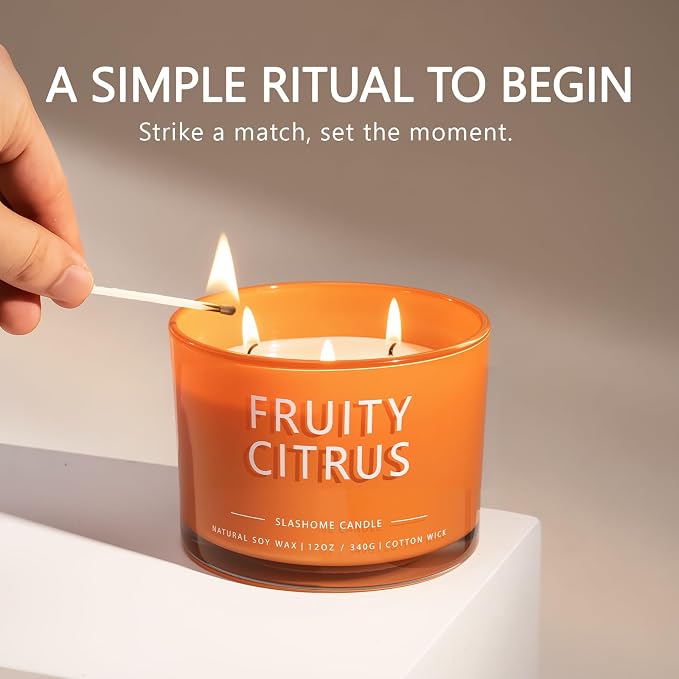 Fruity Citrus Scented Candle, Luxury Large 3 Wick Soy Candle 12 Oz, 60+ Hour Long Lasting Clean Burn, Elegant Aromatherapy