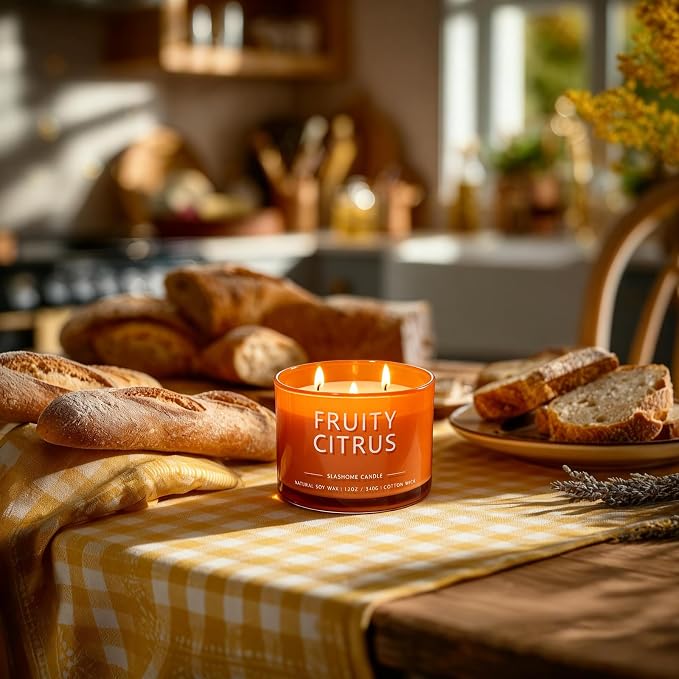 Fruity Citrus Scented Candle, Luxury Large 3 Wick Soy Candle 12 Oz, 60+ Hour Long Lasting Clean Burn, Elegant Aromatherapy