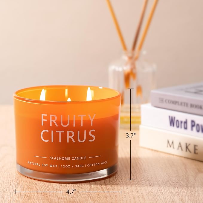 Fruity Citrus Scented Candle, Luxury Large 3 Wick Soy Candle 12 Oz, 60+ Hour Long Lasting Clean Burn, Elegant Aromatherapy
