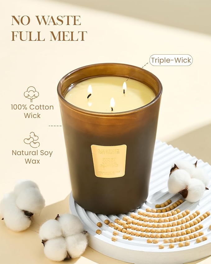 Fudgy Cocoa Brownie Soy Large Candles, 3-Wick 35oz 150H Long Lasting, Aromatherapy Candle for Bedroom Cozy New Year Gifts