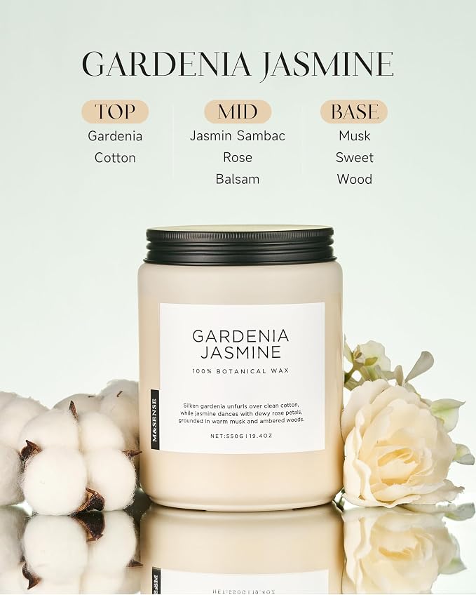 Gardenia Jasmine Scented Candle, 110 Hours Slow Burning Clean made from natural materials 19.4oz 2 Wicks Aromatherapy