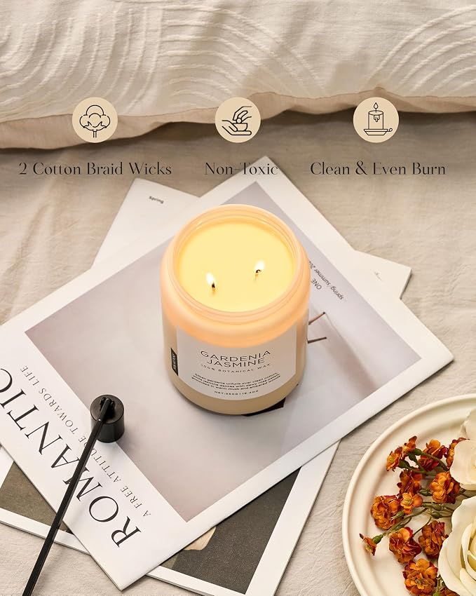 Gardenia Jasmine Scented Candle, 110 Hours Slow Burning Clean made from natural materials 19.4oz 2 Wicks Aromatherapy