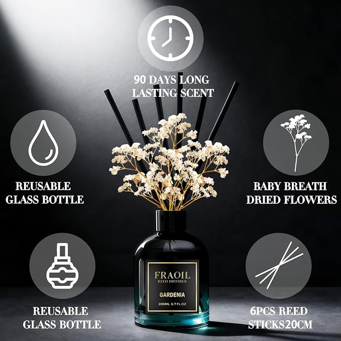 Gardenia Reed Diffuser, Reed Diffuser Set 6.7 fl oz (200 ml) with 6 Reed Sticks, alternate product view 3