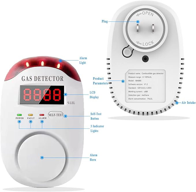 Gas Alarm, Propane detectors for Home, Gas Alarm Detector for Home, Plug-in & Wall-Mounted LED Sound/Light Alarm, alternate