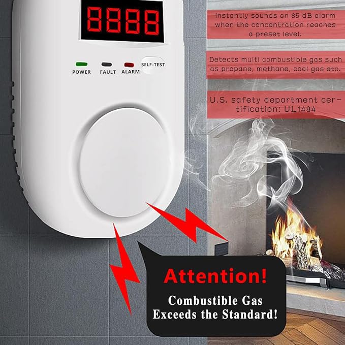 Gas Alarm, Propane detectors for Home, Gas Alarm Detector for Home, Plug-in & Wall-Mounted LED Sound/Light Alarm, alternate
