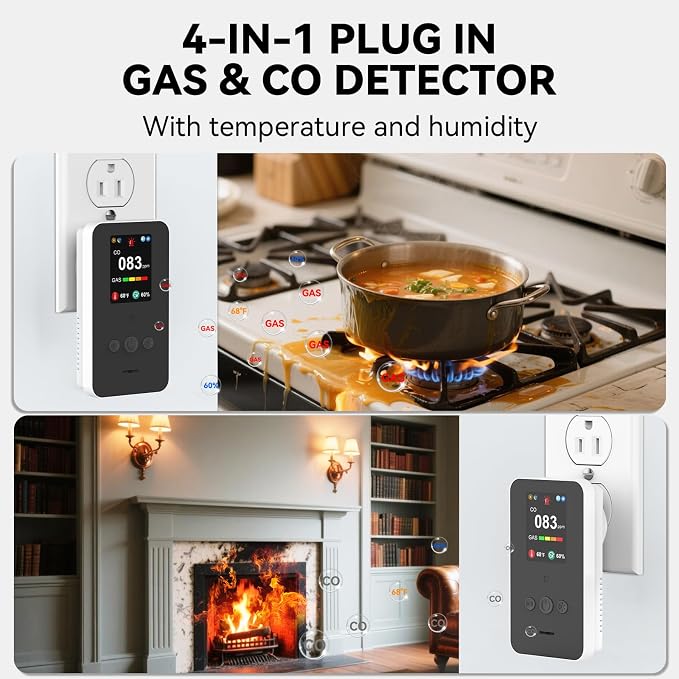 Gas & Carbon Monoxide Detector Plug in, 4-in-1 Combination CO Detector and Natural Gas, LPG, Methane, Propane Alarm for Home