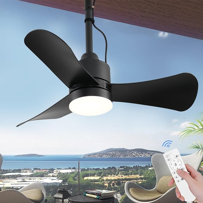Gazebo Fan,32" Plug in Ceiling Fan with 3 Color LED Light,Waterproof Outdoor Hanging Fan,Outdoor Ceiling Fans for