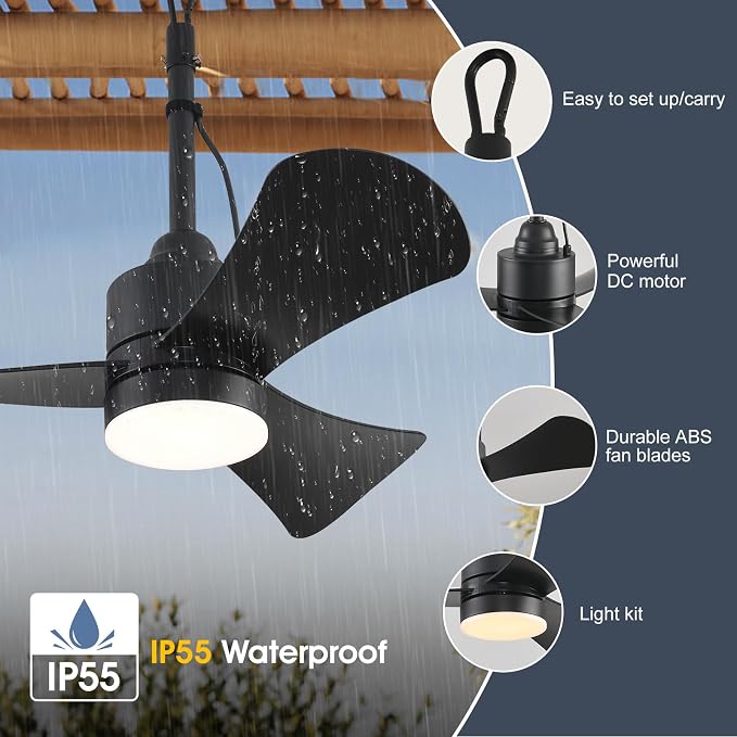 Gazebo Fan,32" Plug in Ceiling Fan with 3 Color LED Light,Waterproof Outdoor Hanging Fan,Outdoor Ceiling Fans for