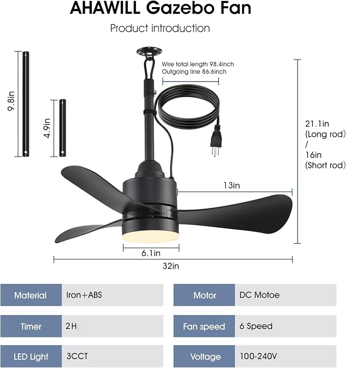 Gazebo Fan,32" Plug in Ceiling Fan with 3 Color LED Light,Waterproof Outdoor Hanging Fan,Outdoor Ceiling Fans for