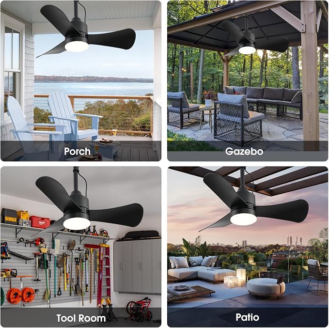 Gazebo Fan,32" Plug in Ceiling Fan with 3 Color LED Light,Waterproof Outdoor Hanging Fan,Outdoor Ceiling Fans for