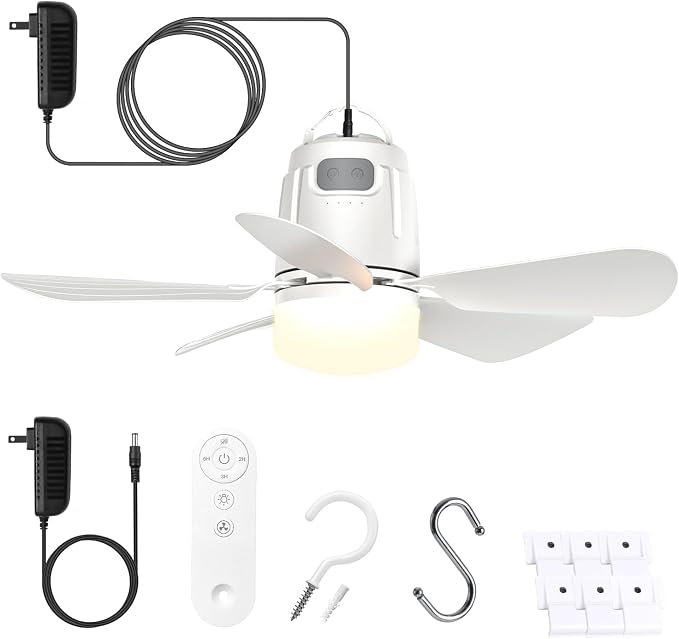 Gazebo Fan Outdoor Hanging with Light, Patio Plug in Ceiling Fan with 16.5ft Cord, Remote & Hook, Portable for Outside
