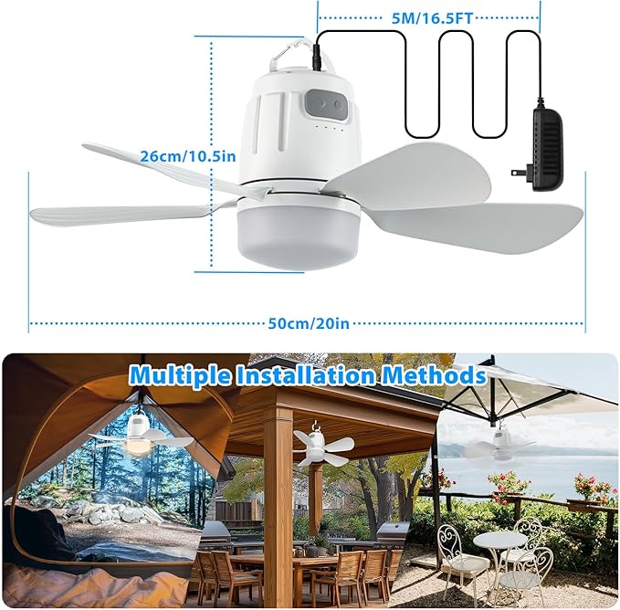 Gazebo Fan Outdoor Hanging with Light, Patio Plug in Ceiling Fan with 16.5ft Cord, Remote & Hook, Portable for Outside