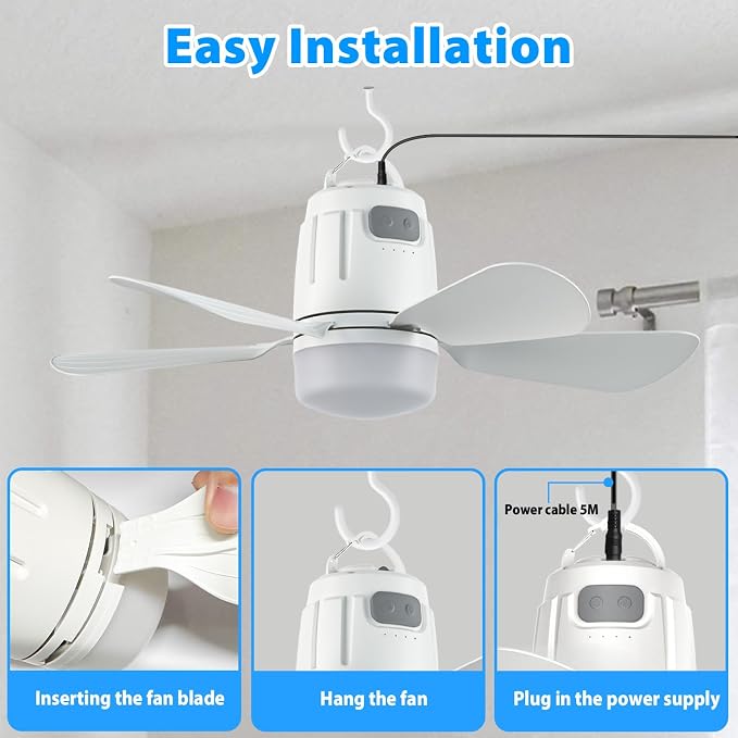 Gazebo Fan Outdoor Hanging with Light, Patio Plug in Ceiling Fan with 16.5ft Cord, Remote & Hook, Portable for Outside