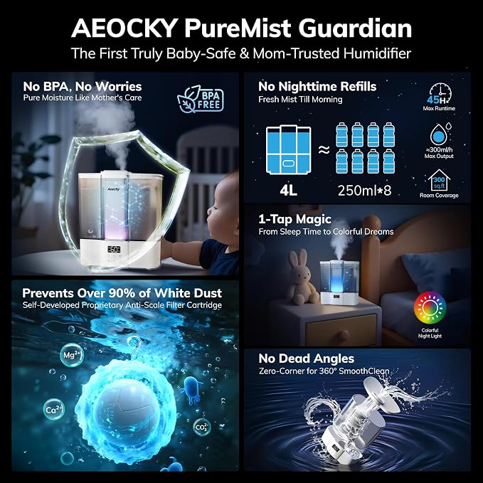 Geek-Level Humidifier for Baby, Quiet Ultrasonic Humidifiers for Bedroom, Nursery with Ambient Light, alternate product view