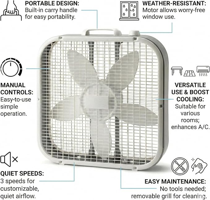 Generic 20-Inch Weather-Resistant Box Fan – 3-Speed High Velocity Air Circulator for Window, alternate product view 2