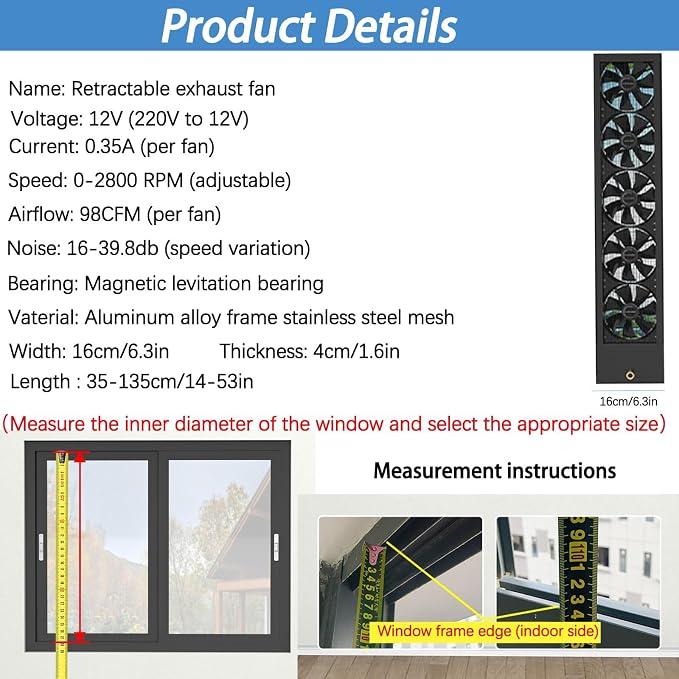 Generic Retractable Window Exhaust Fan for Vertical Sliding Windows, 16dB Ultra Quiet 2800RPM Brushless Motor, alternate