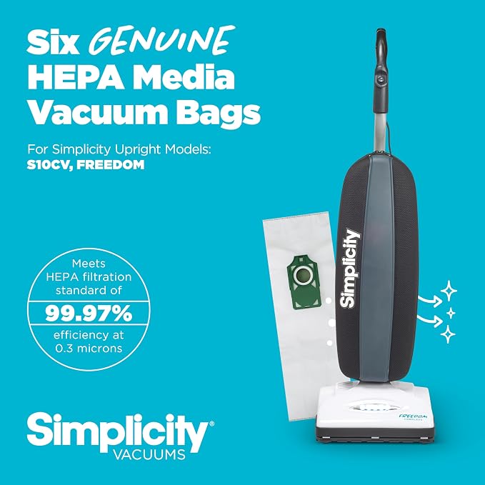 Genuine Simplicity S10 Freedom HEPA Vacuum Cleaner Bags, Odor-Fighting and Charcoal-Infused Vacuum Bags, Six Vacuum Bags for