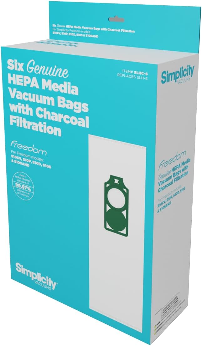 Genuine Simplicity S10 Freedom HEPA Vacuum Cleaner Bags, Odor-Fighting and Charcoal-Infused Vacuum Bags, Six Vacuum Bags for
