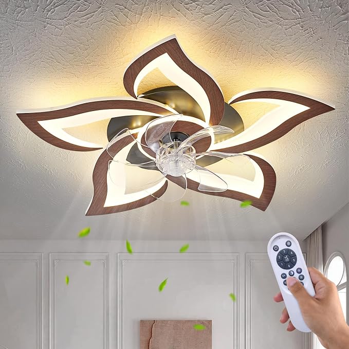 Geometric Ceiling Fan with Lights and Remote Control, 3 Light Colors, 6 Speeds, Low Profile Flush Mount for