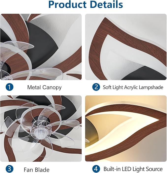 Geometric Ceiling Fan with Lights and Remote Control, 3 Light Colors, 6 Speeds, Low Profile Flush Mount for, alternate view 4