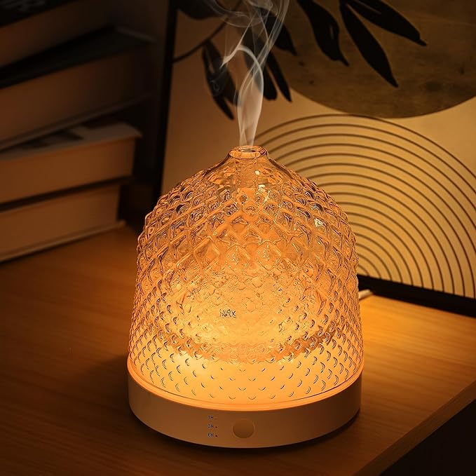 Glass Essential Oil Diffuser, 200ml Ultrasonic Aroma Diffusers with Glass Reservoir Dome & White Plastic Base Lock Color