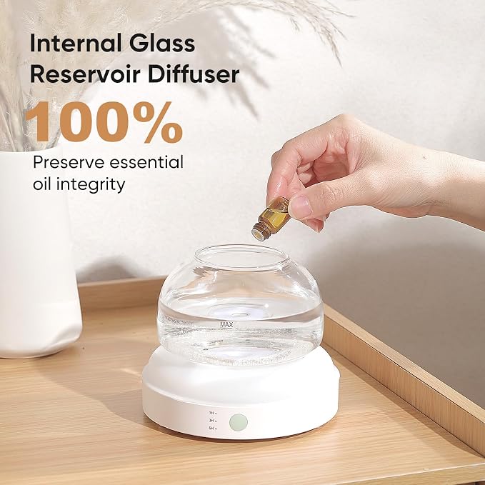 Glass Essential Oil Diffuser, 200ml Ultrasonic Aroma Diffusers with Glass Reservoir Dome & White Plastic Base Lock Color