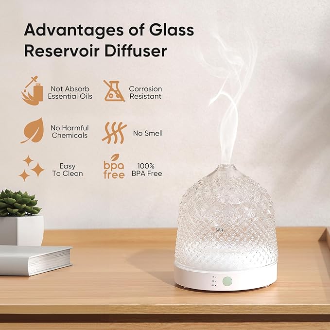 Glass Essential Oil Diffuser, 200ml Ultrasonic Aroma Diffusers with Glass Reservoir Dome & White Plastic Base Lock Color
